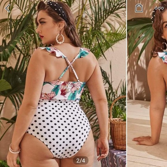 Size: 4XL - Tropical Floral & Polka Dot Ruffle One Piece Swimsuit - Picture 2 of 4